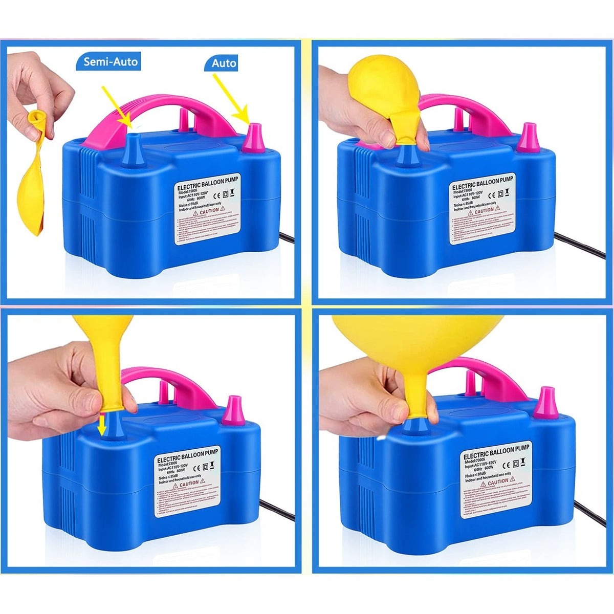 Pompă Electrică Pentru Umflat Baloane, Putere 600W, 2 Duze De Umflare Simultană, 400L/Min, Mod Dublu De Funcționare, Plastic PP, 19.5 x 14 x 13 cm, Albastru/Roz