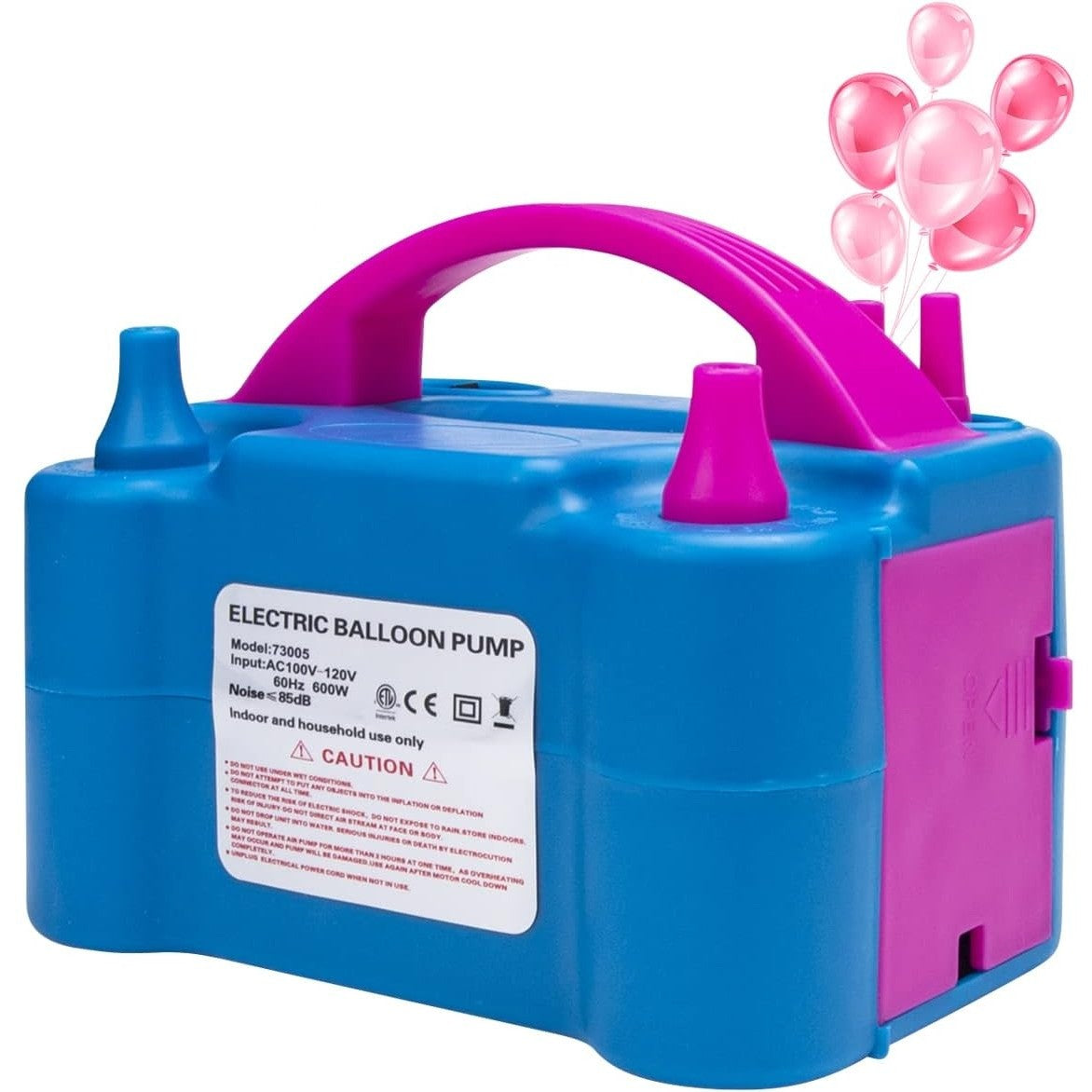 Pompă Electrică Pentru Umflat Baloane, Putere 600W, 2 Duze De Umflare Simultană, 400L/Min, Mod Dublu De Funcționare, Plastic PP, 19.5 x 14 x 13 cm, Albastru/Roz