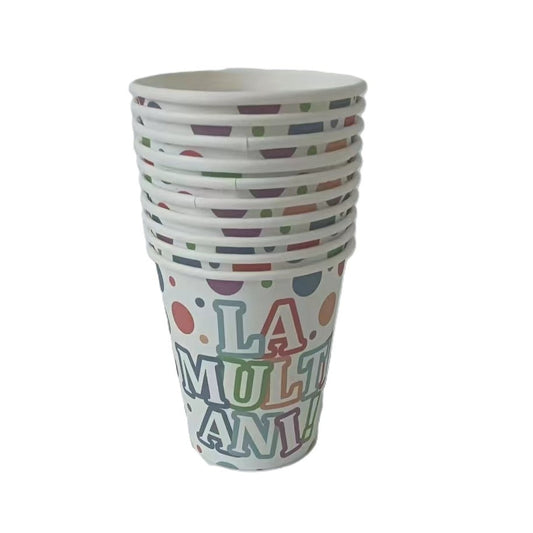 Set 10 Pahare Petrecere, Imprimeu La Multi Ani, Din Carton Reciclabil, De Unica Folosinta, Multicolor, 250 ml, 7 x 8.5 x 5 cm