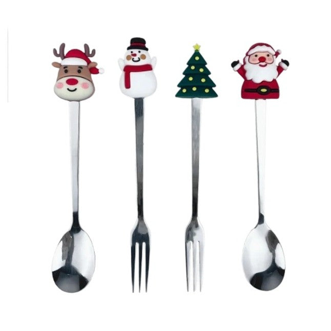 Set 4 Tacamuri pentru Craciun cu Figurine din Silicon, 2 Linguri si 2 Furculite, Otel Inoxidabil 410, Cutie Cadou Festiva, 13.5 cm, Rosu