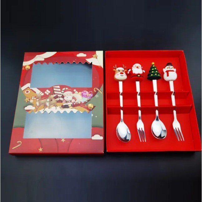 Set 4 Tacamuri pentru Craciun cu Figurine din Silicon, 2 Linguri si 2 Furculite, Otel Inoxidabil 410, Cutie Cadou Festiva, 13.5 cm, Rosu