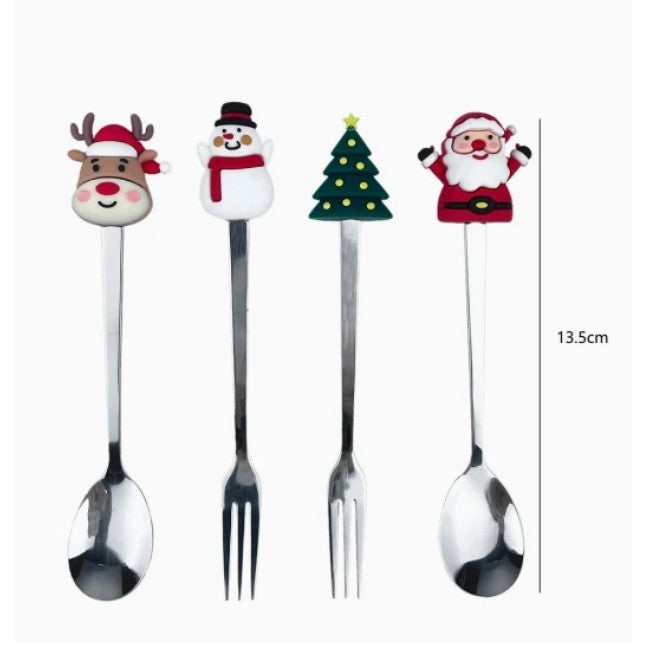Set 4 Tacamuri pentru Craciun cu Figurine din Silicon, 2 Linguri si 2 Furculite, Otel Inoxidabil 410, Cutie Cadou Festiva, 13.5 cm, Rosu