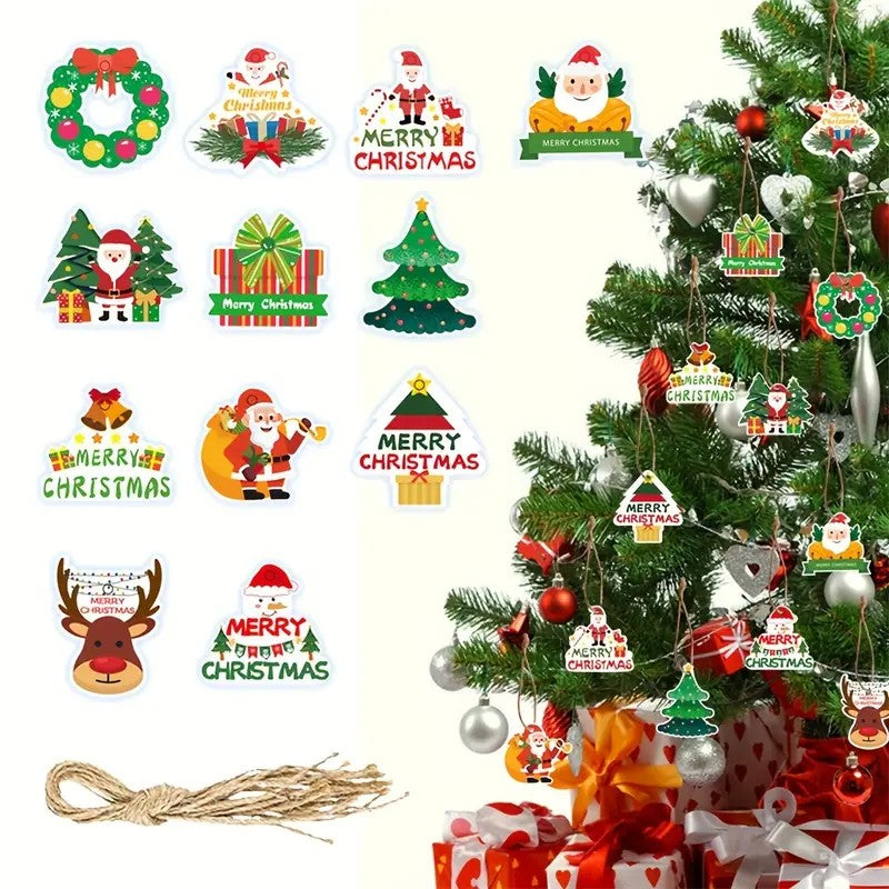 Set Decoratiuni de Craciun pentru Brad, Modele Festive cu Imprimare Fata-Verso, Hartie Rezistenta 250g, Sfoara Inclusa, 12 Piese, 6 cm, Multicolor