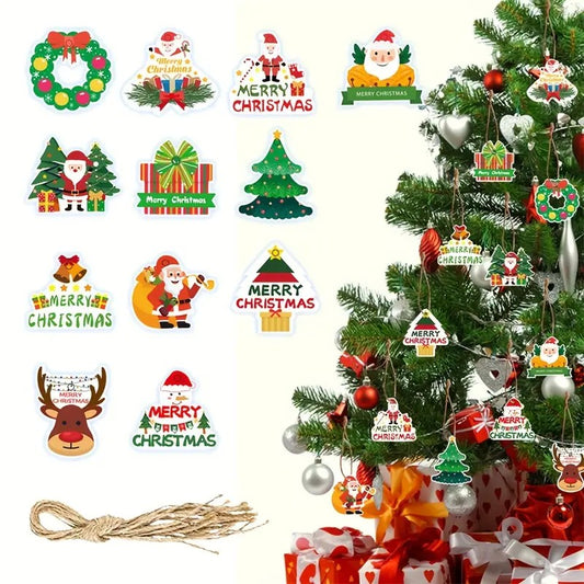 Set Decoratiuni de Craciun pentru Brad, Modele Festive cu Imprimare Fata-Verso, Hartie Rezistenta 250g, Sfoara Inclusa, 12 Piese, 6 cm, Multicolor