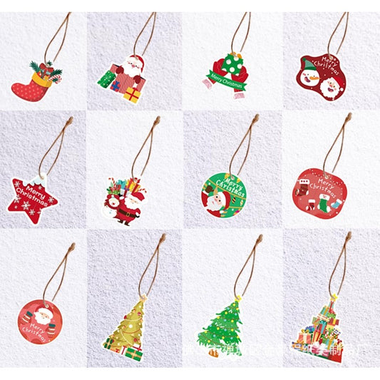 Set Decoratiuni de Craciun pentru Brad, Ornamente Festive Imprimate Fata-Verso cu Modele Variate, Hartie 250g, Sfoara Inclusa, 12 Piese, 6 x 7 cm, Multicolor