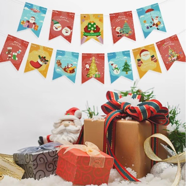 Banner Crăciun Pentru Ușă sau Perete, Găleată Decorativă Festivă, Imprimare UV Rezistentă, Set 12 Piese cu Sfoară Inclusă, 13 x 18 cm, Multicolor, Model B