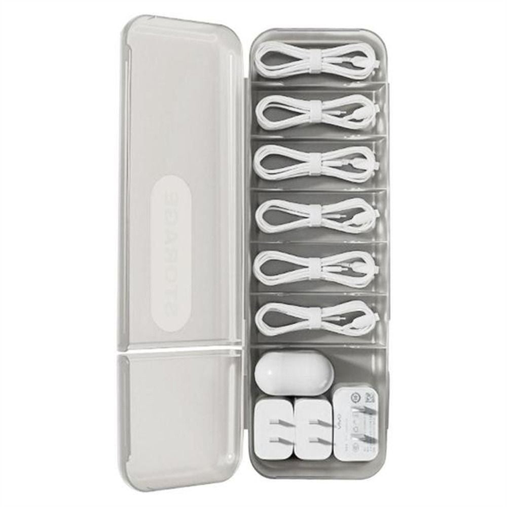 Cutie Organizatoare pentru Cabluri si Accesorii, 7 Compartimente, Manager Cabluri Date si Incarcatoare, Plastic PP, 28 x 9 x 6 cm, Alb