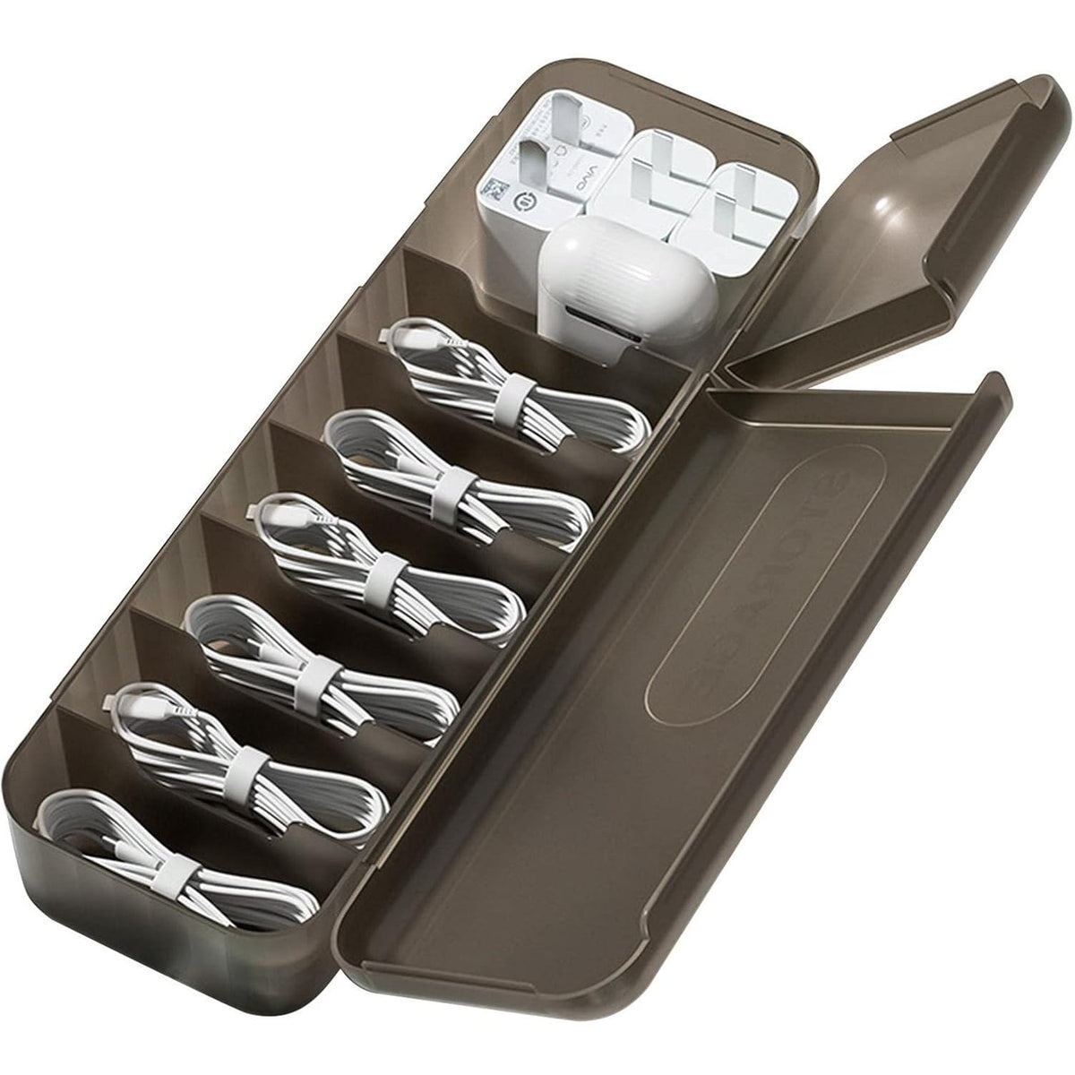 Cutie Organizatoare pentru Cabluri si Accesorii, Management Cabluri Date cu 7 Compartimente, Material Plastic PP Durabil, 28 x 9 x 6 cm, Gri