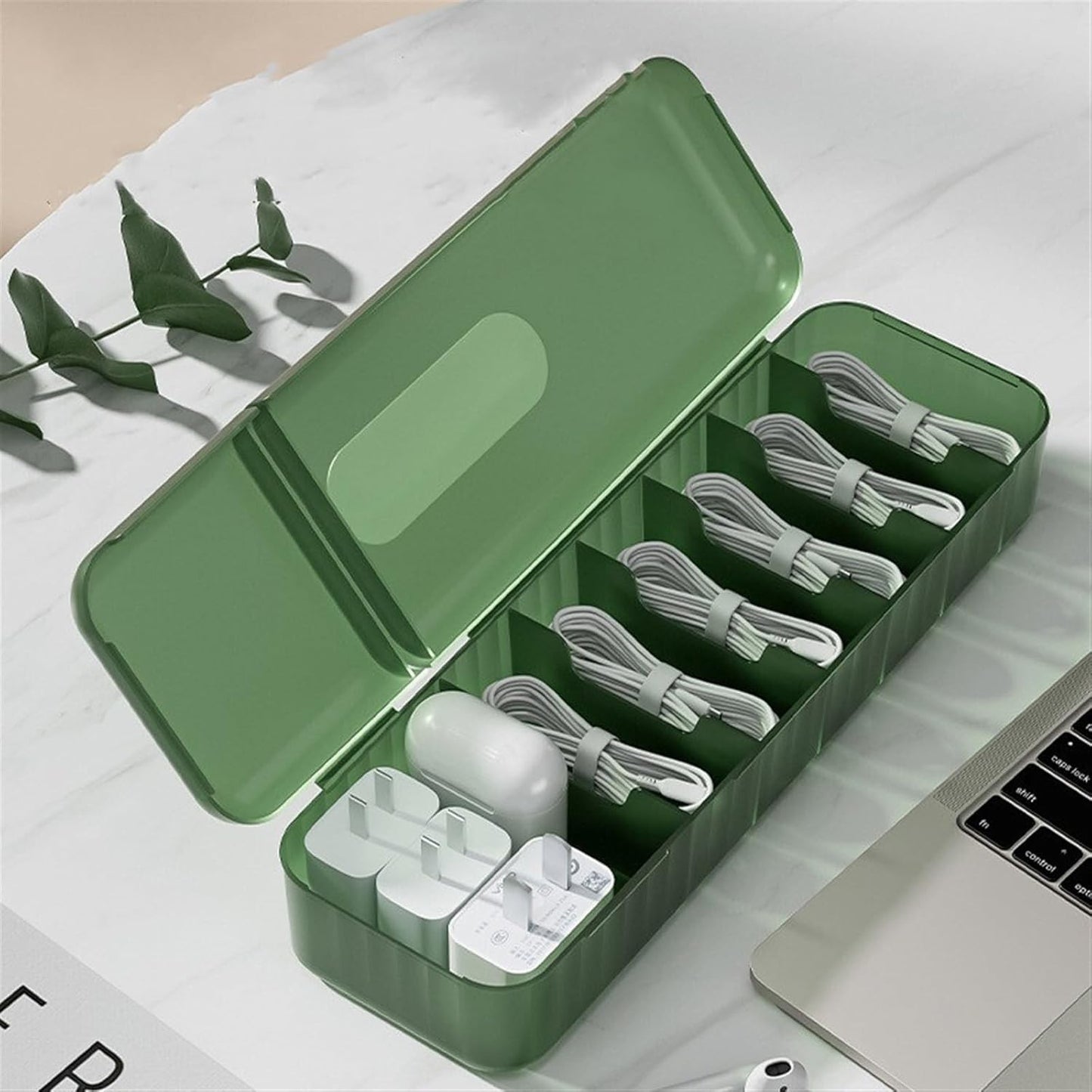 Cutie Organizatoare pentru Cabluri si Accesorii, 7 Compartimente, Depozitare Incarcatoare si Produse Cosmetice, Plastic PP, 28 x 9 x 6 cm, Verde