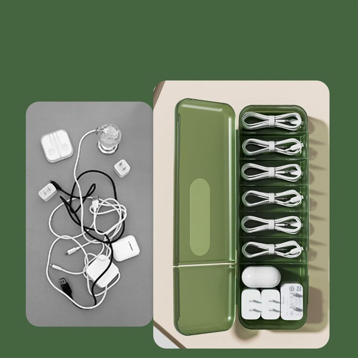 Cutie Organizatoare pentru Cabluri si Accesorii, 7 Compartimente, Depozitare Incarcatoare si Produse Cosmetice, Plastic PP, 28 x 9 x 6 cm, Verde