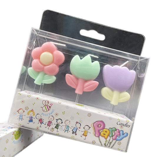 Set 3 Lumanari pentru Tort, Model Floral Multicolor, Parafina Superioara, Accesorii Decor Aniversare, 3 Bucati