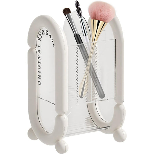 Organizator Cosmetice pentru Pensule si Machiaj, Cutie Depozitare cu 4 Compartimente, Suport Ergonomic din Plastic, 12 x 10 x 20 cm, Alb