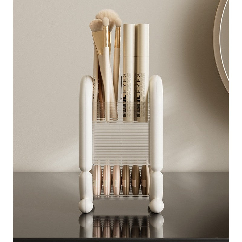 Organizator Cosmetice pentru Pensule si Machiaj, Cutie Depozitare cu 4 Compartimente, Suport Ergonomic din Plastic, 12 x 10 x 20 cm, Alb