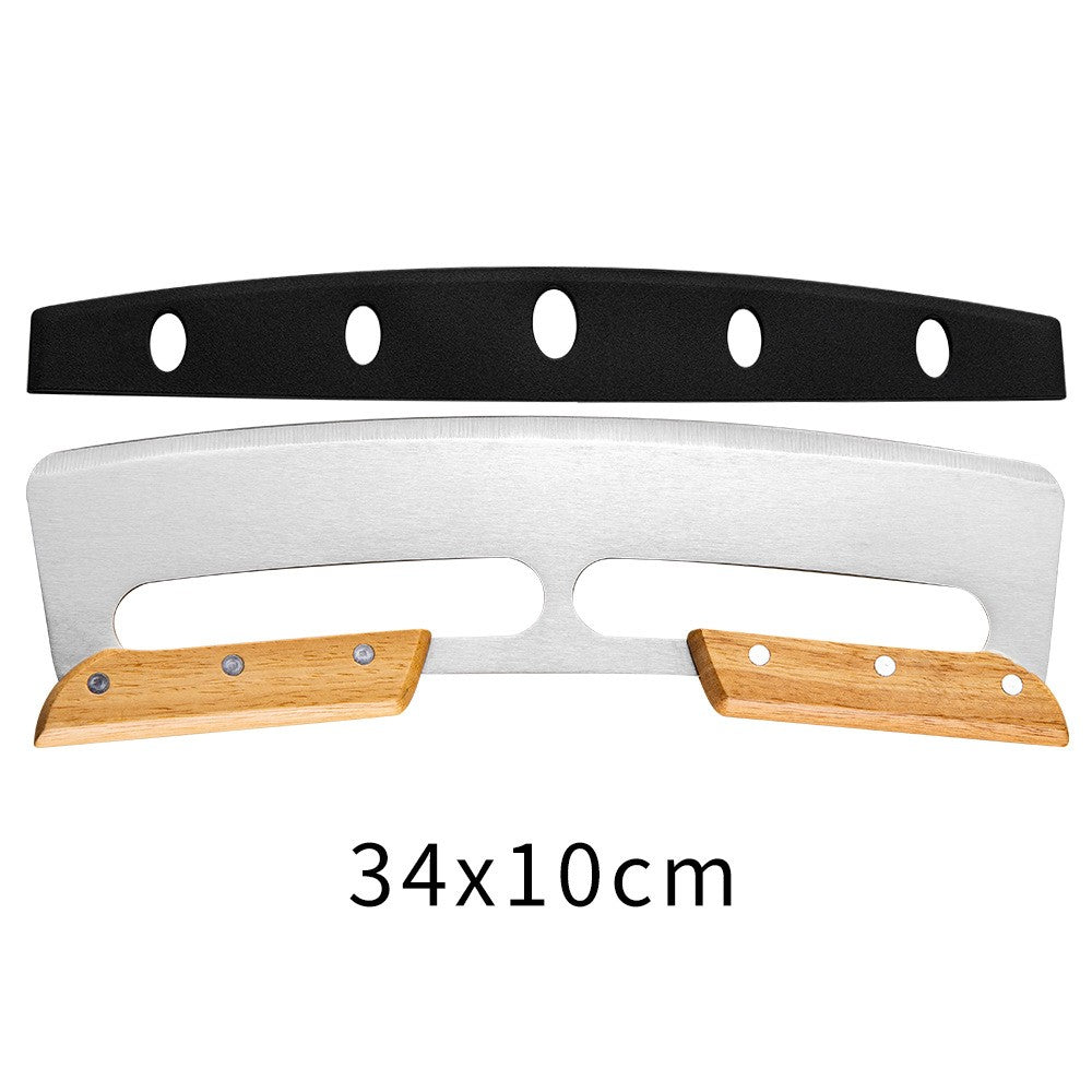 Taietor Feliator de Pizza, Lama Semiluna din Otel Inoxidabil, Maner Ergonomic din Lemn, Capac de Protectie Inclus, 34x10 cm, Maro