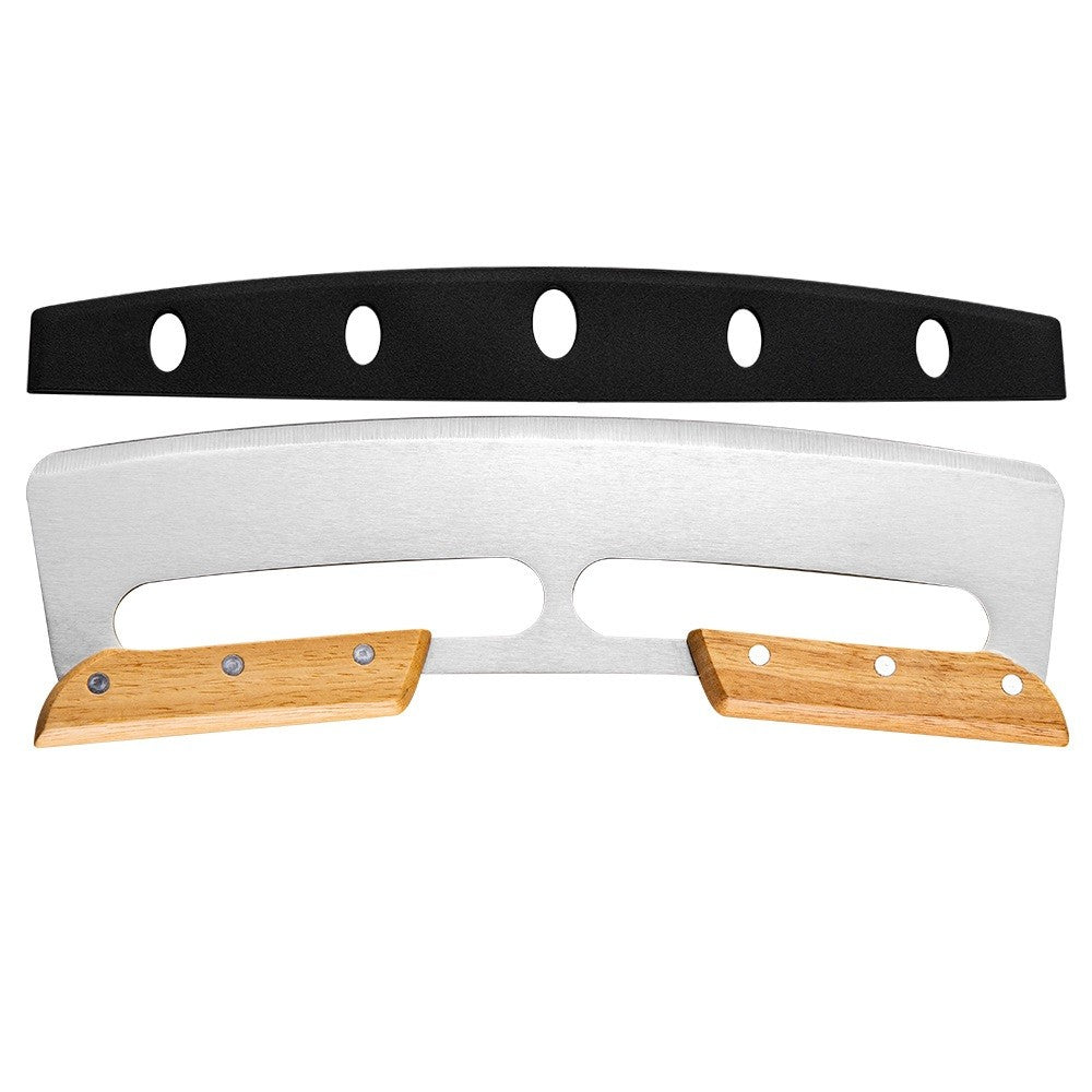 Taietor Feliator de Pizza, Lama Semiluna din Otel Inoxidabil, Maner Ergonomic din Lemn, Capac de Protectie Inclus, 34x10 cm, Maro
