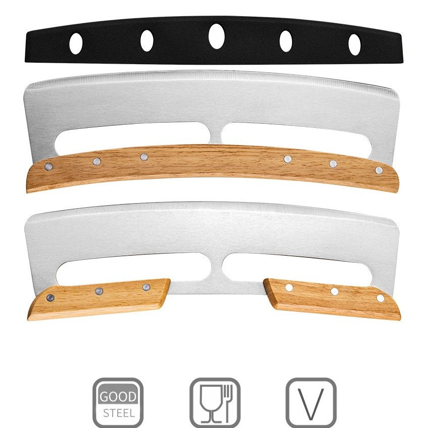 Taietor Feliator de Pizza, Lama Semiluna din Otel Inoxidabil, Maner Ergonomic din Lemn, Capac de Protectie Inclus, 34x10 cm, Maro