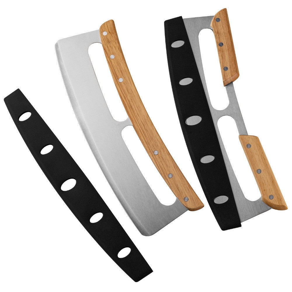 Tăietor Feliator De Pizza, Lamă Semilună Din Oțel Inoxidabil Cu Protecție, Mâner Din Lemn Ergonomic, 34x10 cm, Maro