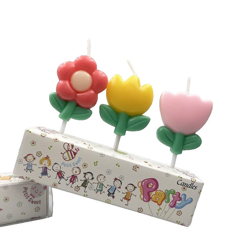 Set 3 Lumanari pentru Tort, Model Florale Colorate, Parafina de Inalta Calitate, Design Turnat, Multicolor, 3 Bucati