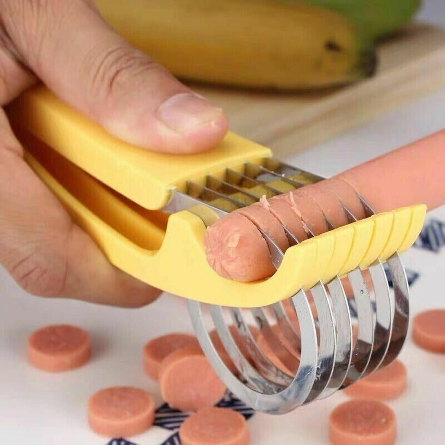 Feliator pentru Alimente si Legume, Dispozitiv de Taiere Rapida cu Lame din Otel Inoxidabil, Design Ergonomic Forma Banana, Plastic ABS, 17.5x5x4 cm, Galben