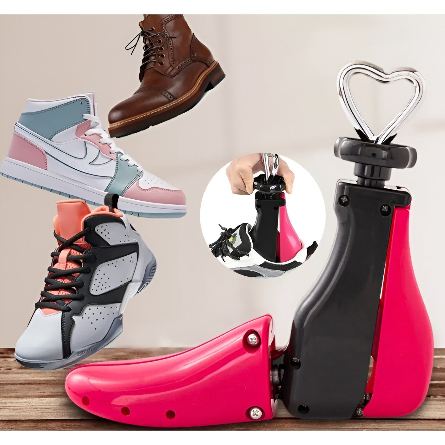 Calapod Pantofi Profesional Reglabil, Alungire si Largire 4 Directii, Sistem cu Arc si Accesorii Incluse, Material PP, Marime 40-47, Roz/Negru