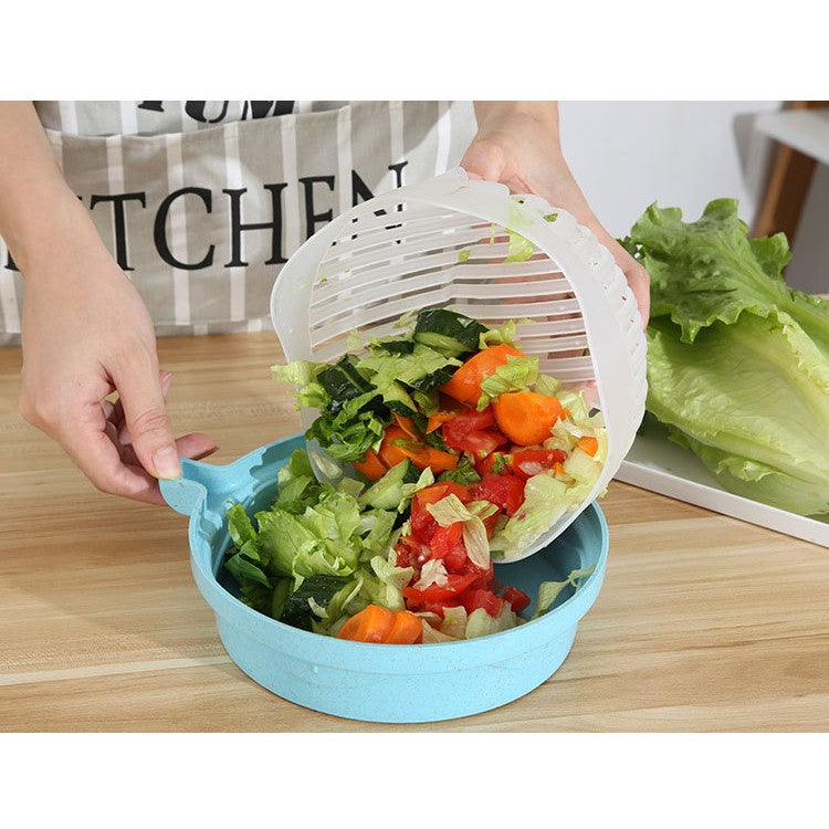 Bol Feliator pentru Salata, Castron Multifunctional pentru Spalat si Taiat Legume sau Fructe, Design Ergonomic cu Protectie Maini si Scurgere, Plastic Alimentar, 21x18.5x11.5 cm, Albastru