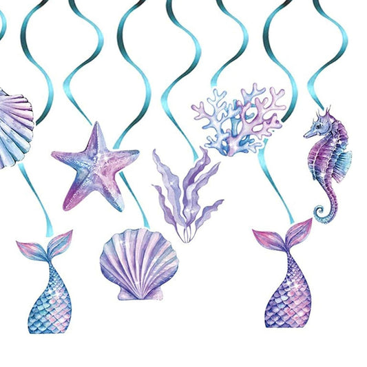Set 8 Decoratiuni pentru Petrecere Sirena, Colectia Mermaid cu Panglici Incluse, Banner si Accesorii Tort, Carton Rezistent, Multicolor, Mov si Albastru