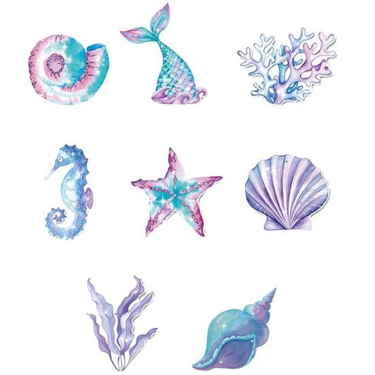 Set 8 Decoratiuni pentru Petrecere Sirena, Colectia Mermaid cu Panglici Incluse, Banner si Accesorii Tort, Carton Rezistent, Multicolor, Mov si Albastru