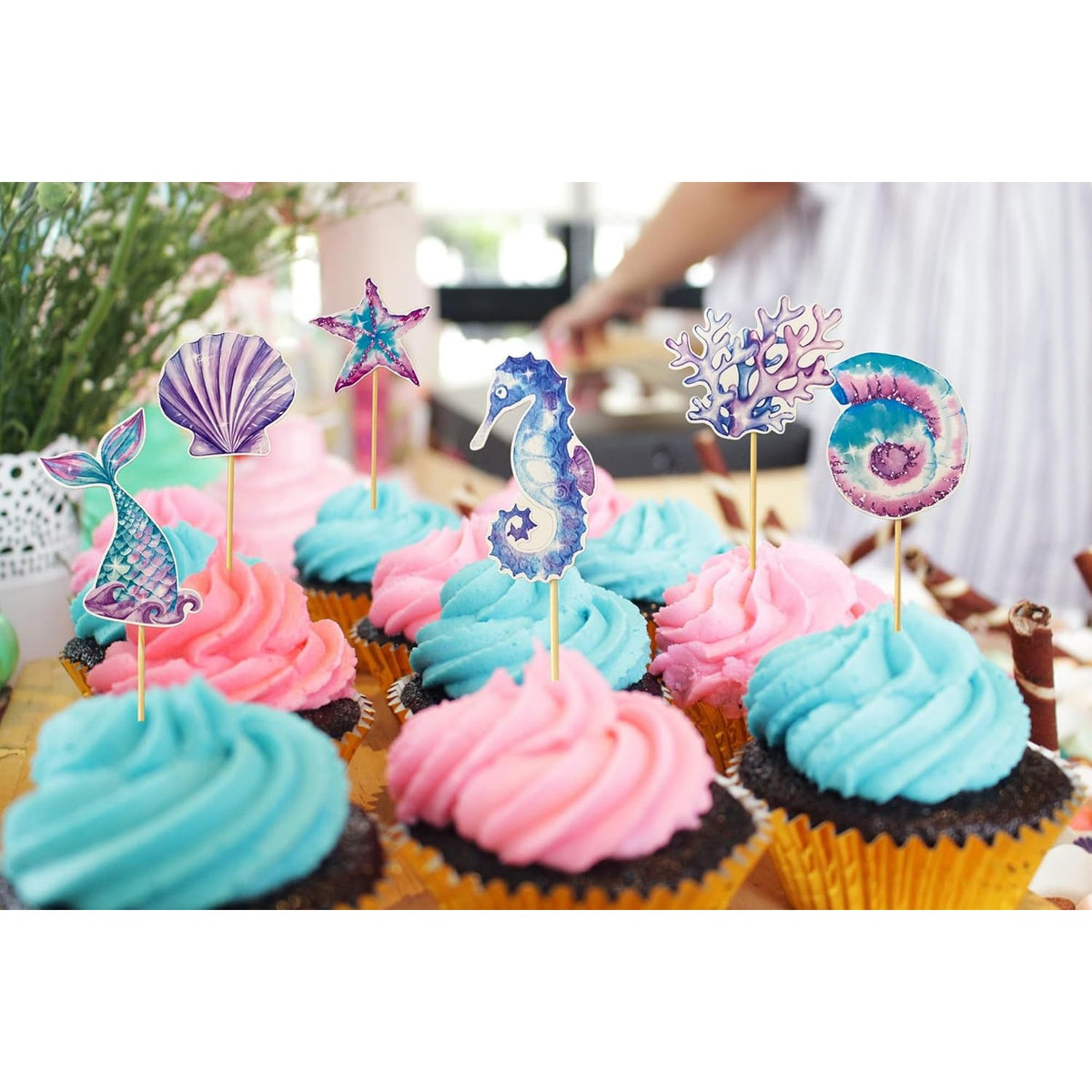 Set 6 Props-uri pentru Prajituri si Brioșe, Decoratiuni Tematice Sirena, Colectia Mermaid, Carton Rezistent, Multicolor, 6 Bucati