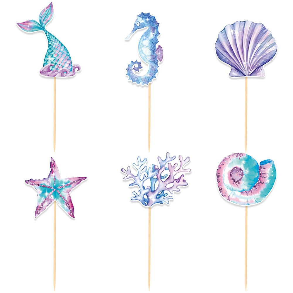 Set 6 Props-uri pentru Prajituri si Brioșe, Decoratiuni Tematice Sirena, Colectia Mermaid, Carton Rezistent, Multicolor, 6 Bucati