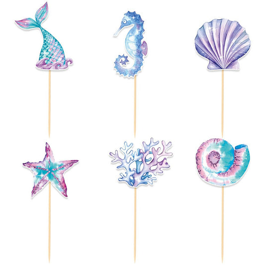 Set 6 Props-uri pentru Prajituri si Brioșe, Decoratiuni Tematice Sirena, Colectia Mermaid, Carton Rezistent, Multicolor, 6 Bucati