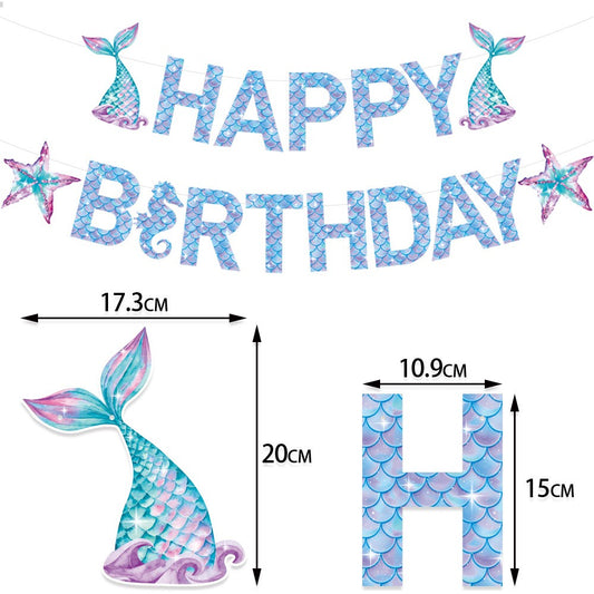 Banner Happy Birthday Sirena, Colectia Mermaid, Decoratiuni Petrecere Tematica, Carton Rezistent, 17 Piese, Multicolor, Albastru si Mov