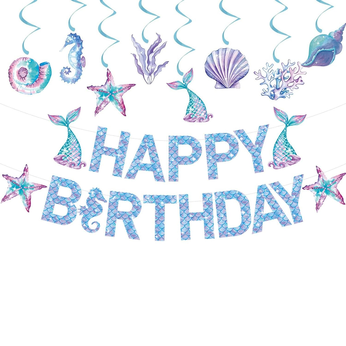 Banner Happy Birthday Sirena, Colectia Mermaid, Decoratiuni Petrecere Tematica, Carton Rezistent, 17 Piese, Multicolor, Albastru si Mov