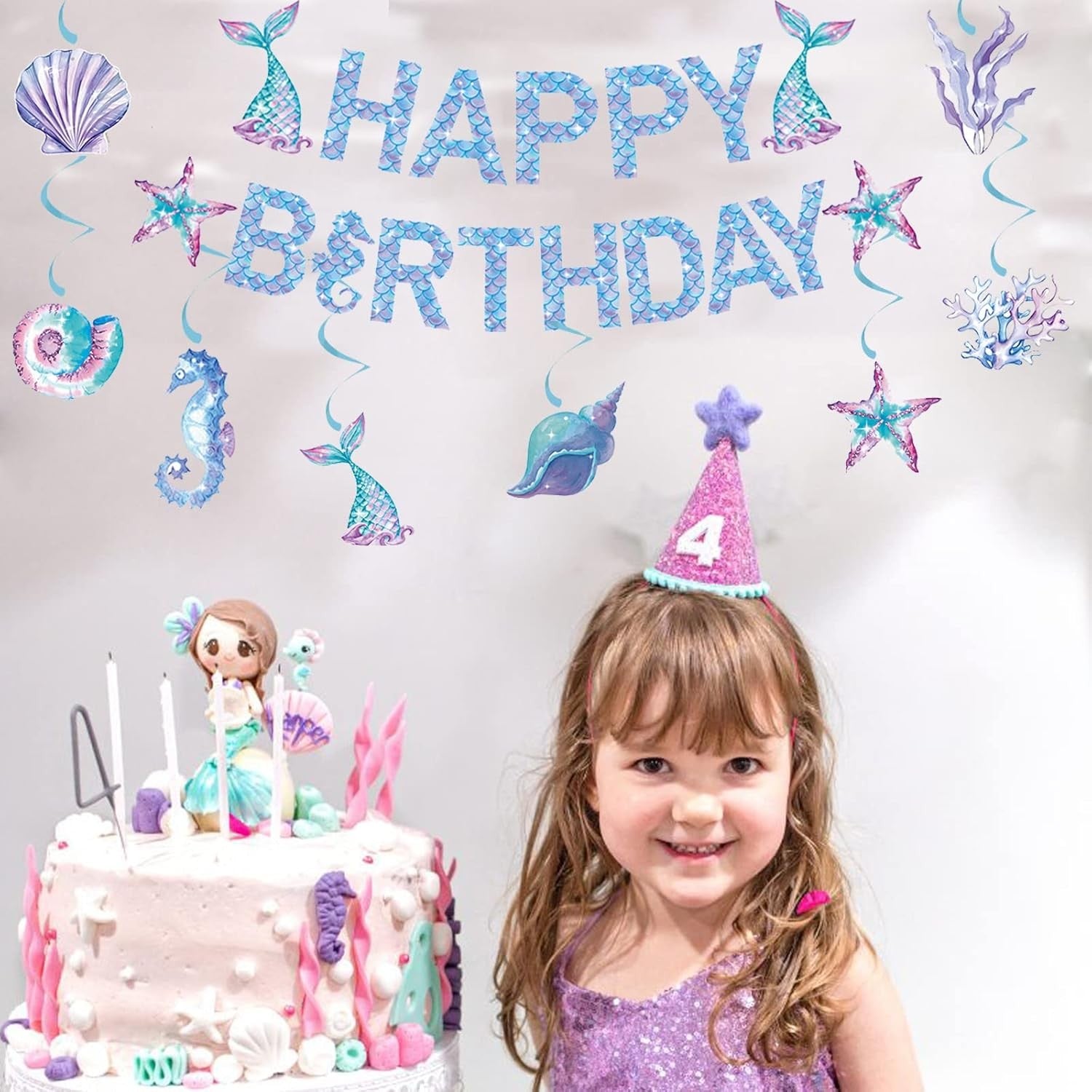 Banner Happy Birthday Sirena, Colectia Mermaid, Decoratiuni Petrecere Tematica, Carton Rezistent, 17 Piese, Multicolor, Albastru si Mov