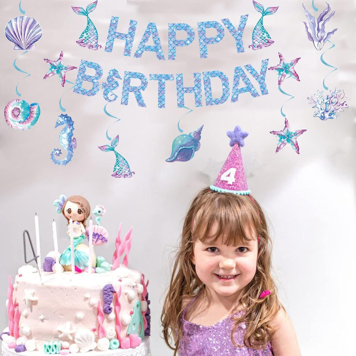 Banner Happy Birthday Sirena, Colectia Mermaid, Decoratiuni Petrecere Tematica, Carton Rezistent, 17 Piese, Multicolor, Albastru si Mov