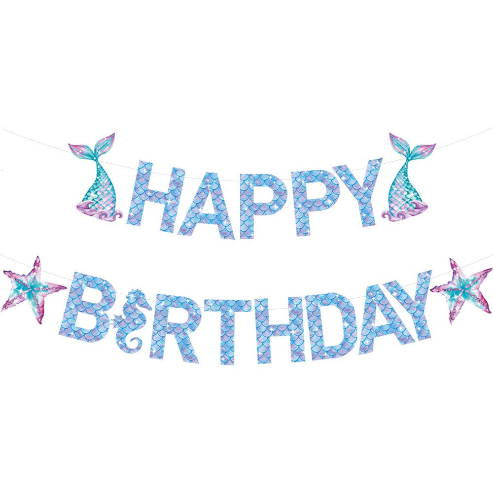 Banner Happy Birthday Sirena, Colectia Mermaid, Decoratiuni Petrecere Tematica, Carton Rezistent, 17 Piese, Multicolor, Albastru si Mov