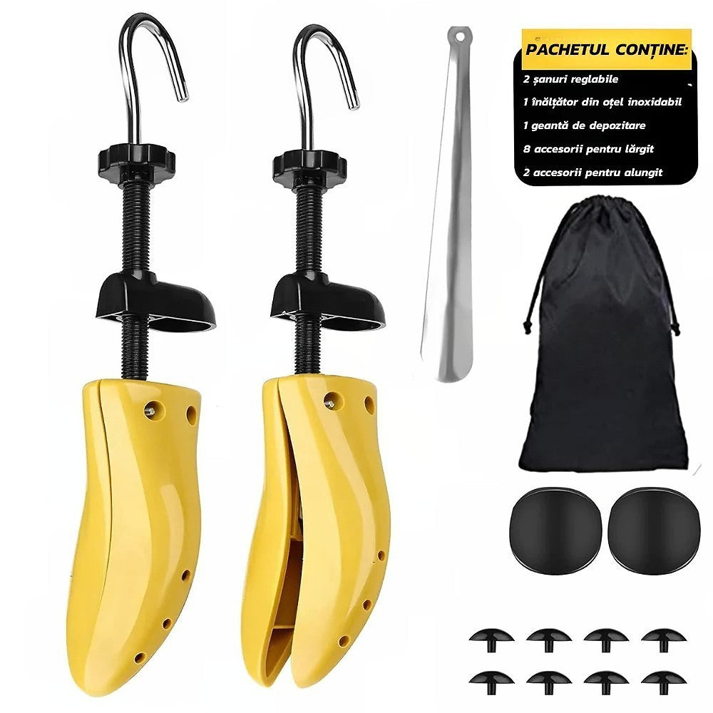 Set 2 Sanuri si Calapoade Reglabile pentru Largit si Alungit Incaltamintea, Dispozitiv Universal Unisex cu Accesorii Incluse, ABS Premium si Otel, Marime 40-47, Galben/Negru