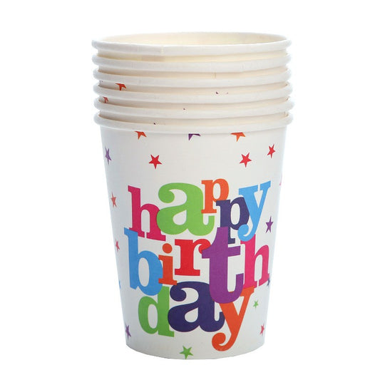 Set 6 Pahare de Carton Happy Birthday, Pahare Unica Folosinta pentru Petreceri si Aniversari, Material Carton Alb 210g, Multicolor, 230 ml, 7 x 5 x 8.5 cm