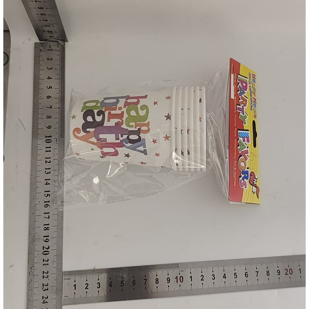 Set 6 Pahare de Carton Happy Birthday, Pahare Unica Folosinta pentru Petreceri si Aniversari, Material Carton Alb 210g, Multicolor, 230 ml, 7 x 5 x 8.5 cm