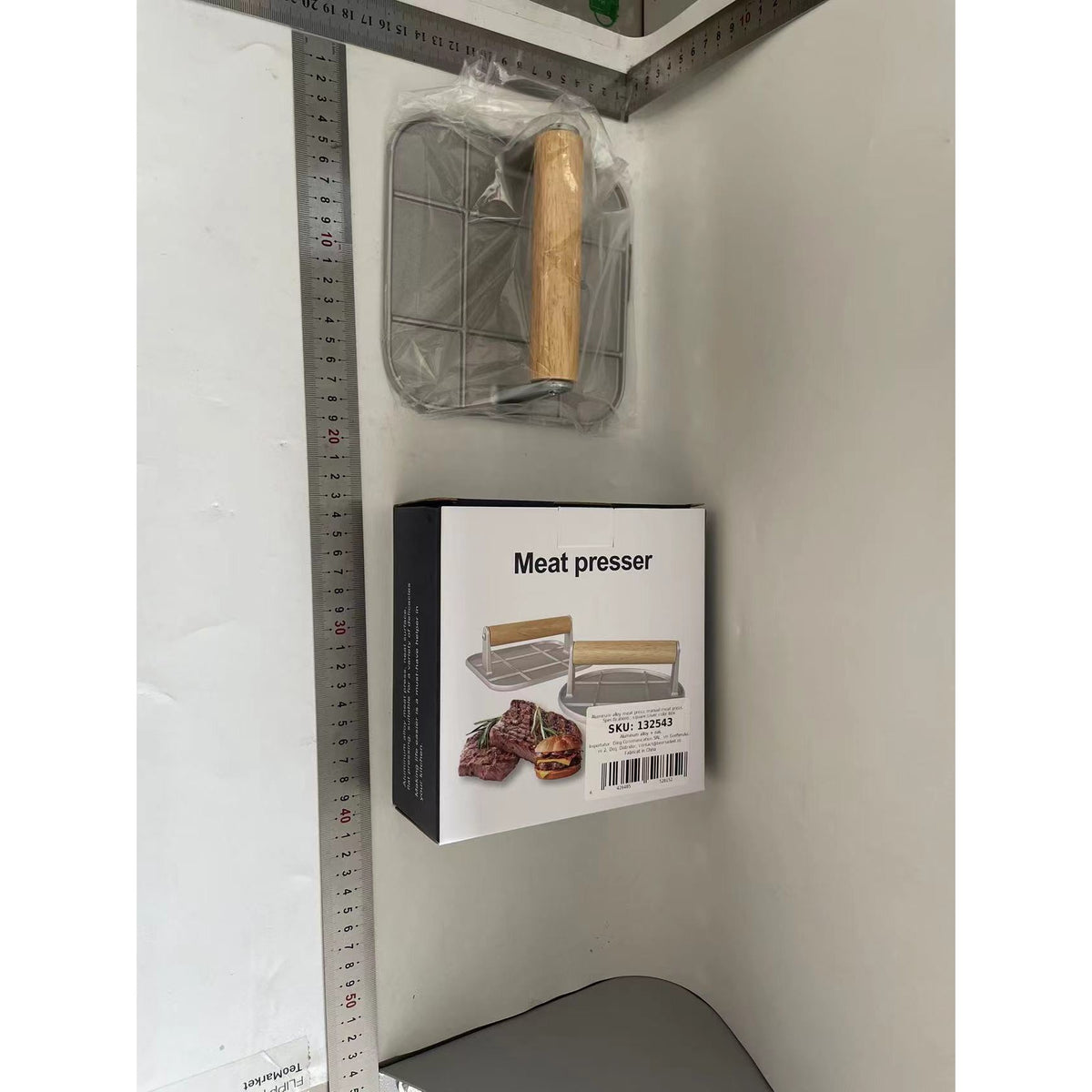 Presa Manuala pentru Burgeri si Carne, Forma Patrata cu Maner din Lemn, Aliaj de Aluminiu, 16x16x6 cm, Gri