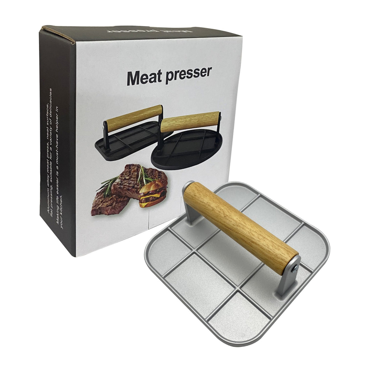 Presa Manuala pentru Burgeri si Carne, Forma Patrata cu Maner din Lemn, Aliaj de Aluminiu, 16x16x6 cm, Gri