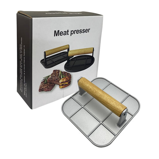 Presa Manuala pentru Burgeri si Carne, Forma Patrata cu Maner din Lemn, Aliaj de Aluminiu, 16x16x6 cm, Gri