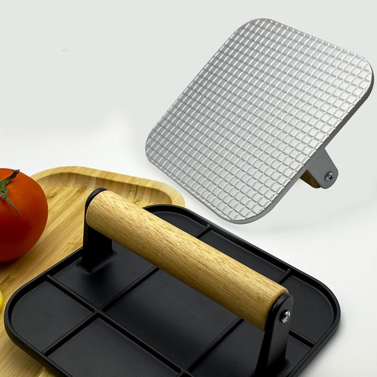 Presa Manuala pentru Burgeri si Carne, Forma Patrata cu Maner din Lemn, Aliaj de Aluminiu, 16x16x6 cm, Gri