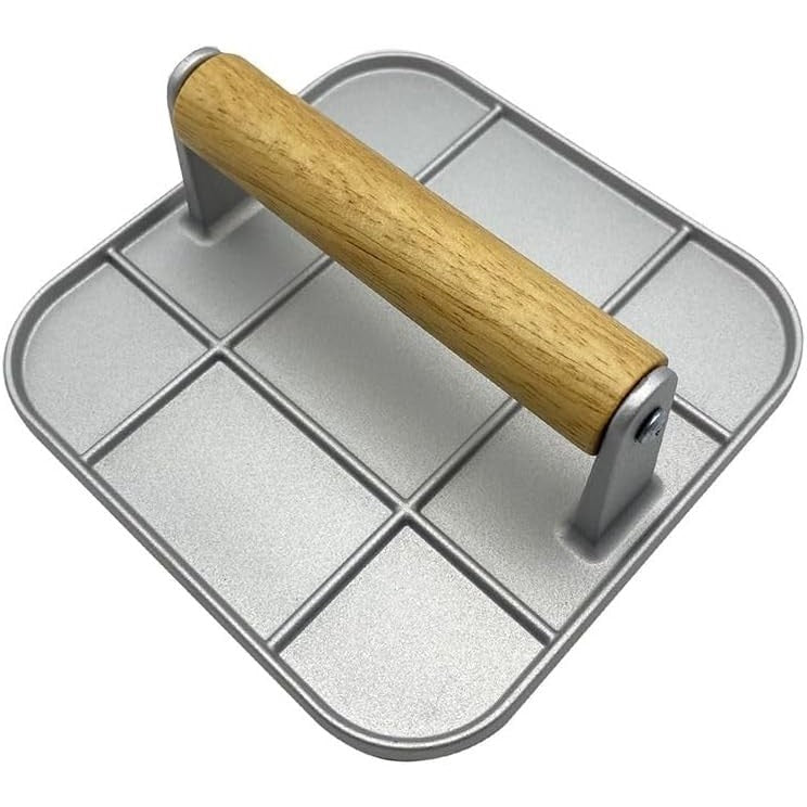 Presa Manuala pentru Burgeri si Carne, Forma Patrata cu Maner din Lemn, Aliaj de Aluminiu, 16x16x6 cm, Gri