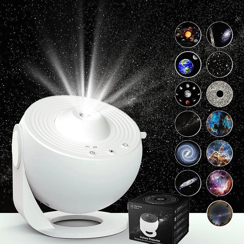 Lampa Proiector Galaxie HD, Planetariu cu Cer Instelat si 13 Filme Inlocuibile, Rotire 360 Grade, Alimentare USB, 5W, 11x11 cm, Alb