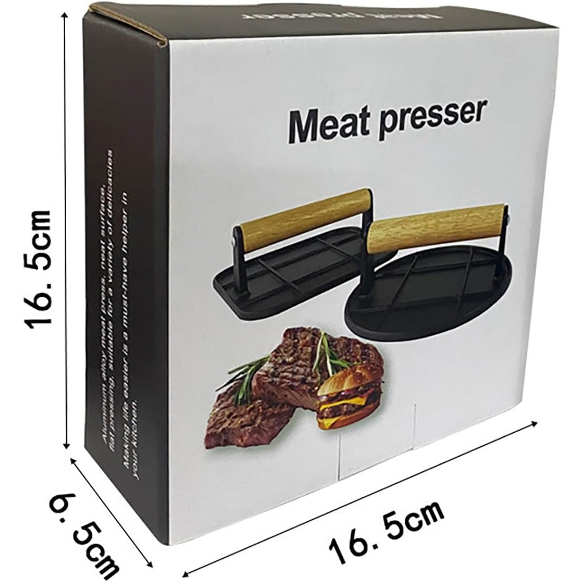 Presa Manuala pentru Burgeri si Carne, Forma Patrata, Aliaj de Aluminiu, Maner din Lemn, 16x16x6 cm, Negru
