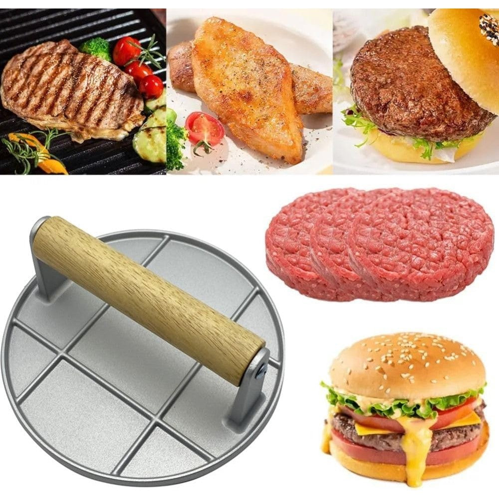 Presa pentru Burgeri si Carne, Forma Rotunda cu Design Ergonomic, Aliaj de Aluminiu si Maner din Lemn, 16x16x6 cm, Gri