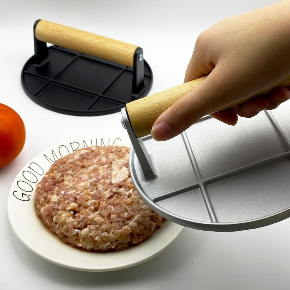 Presa pentru Burgeri si Carne, Forma Rotunda cu Design Ergonomic, Aliaj de Aluminiu si Maner din Lemn, 16x16x6 cm, Gri