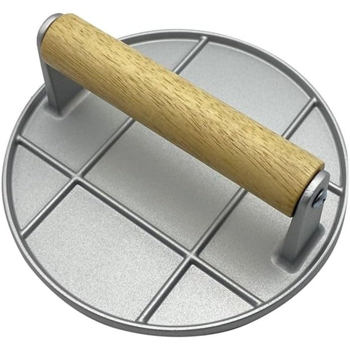 Presa pentru Burgeri si Carne, Forma Rotunda cu Design Ergonomic, Aliaj de Aluminiu si Maner din Lemn, 16x16x6 cm, Gri