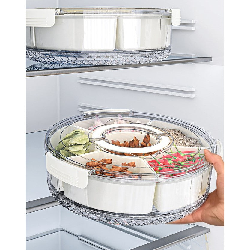 Organizator Alimente si Condimente, Cutie Depozitare Rotativa 360 Grade cu 6 Compartimente, Inchidere Ermetica si Maner Ergonomic, Plastic, 32x10 cm, Alb