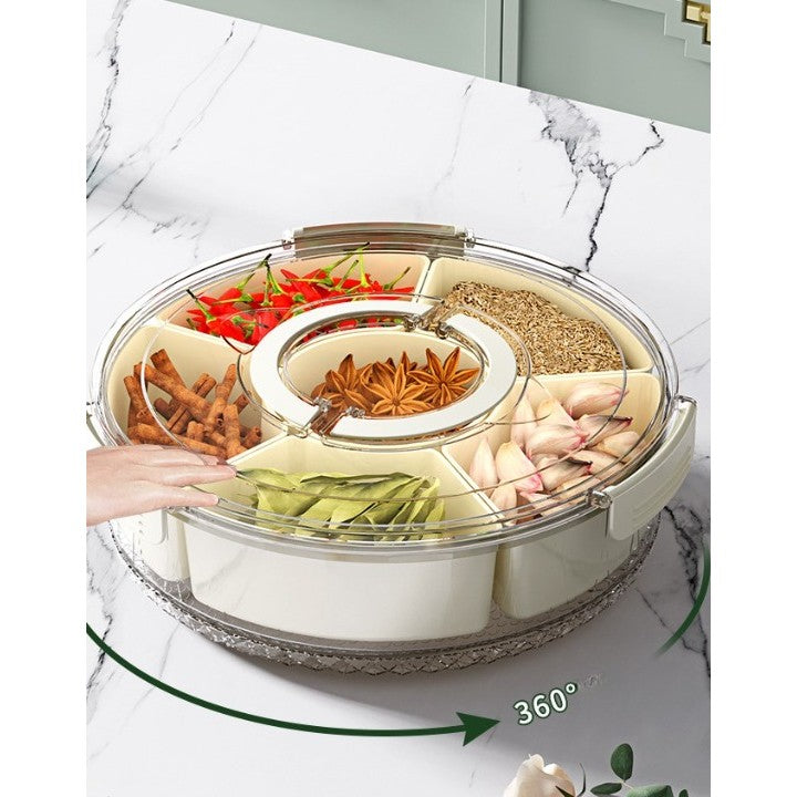 Organizator Alimente si Condimente, Cutie Depozitare Rotativa 360 Grade cu 6 Compartimente, Inchidere Ermetica si Maner Ergonomic, Plastic, 32x10 cm, Alb